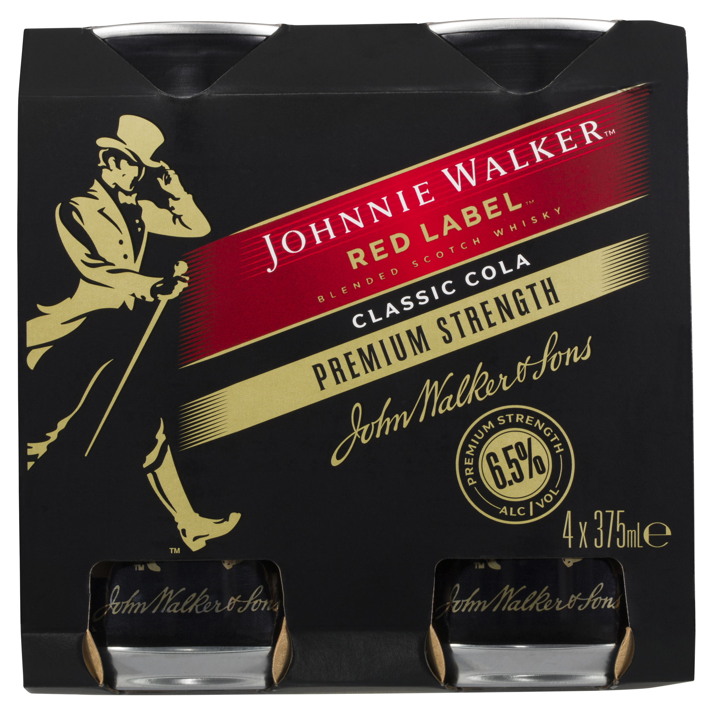 johnnie walker red label & classic cola premium serve 6.5% 4 x 375ml can